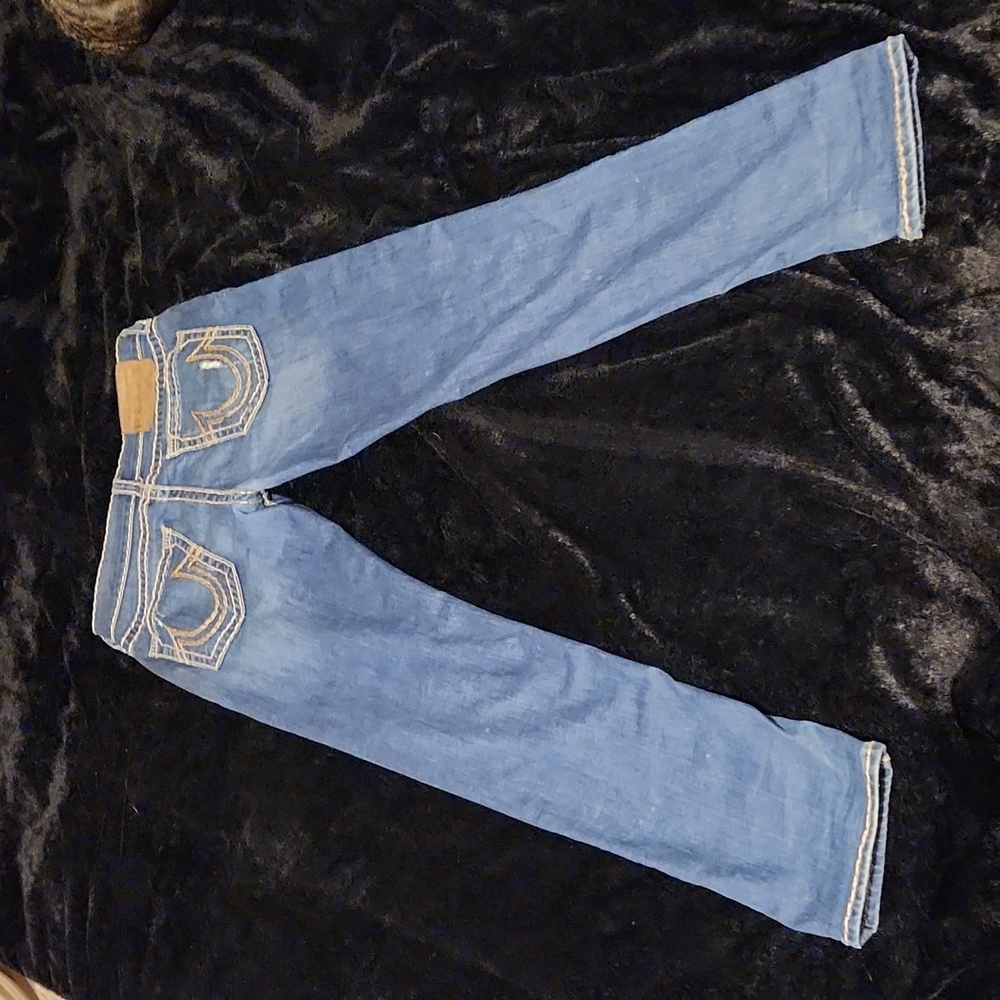 True Religion Blue Wash Distressed Double Stitch Jeans Geno Relaxed Slim Fit Y2K
